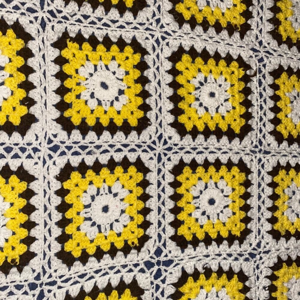 Vintage Handmade Crochet Granny Square Blanket Yellow Brown White Retro Hippie